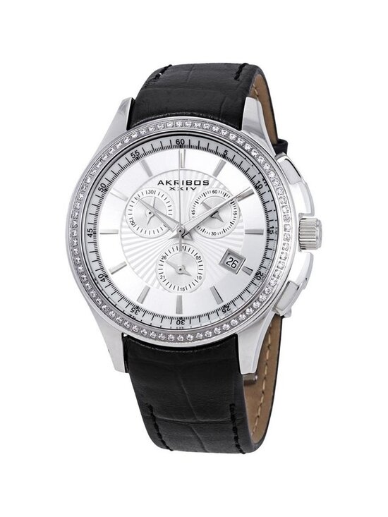 NWT Akribos XXIV Grandiose Crystal Chronograph Steel Black Leather Men\'s Watch